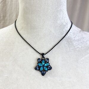 90s VCLM Black ball chain necklace with Blue rhinestone flower pendant